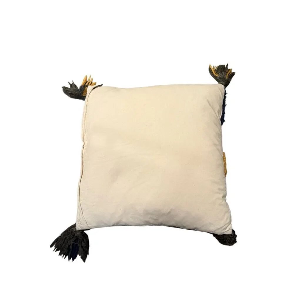 Pier 1 square boho embroidered blue, grey, and yellow decorative pillow.